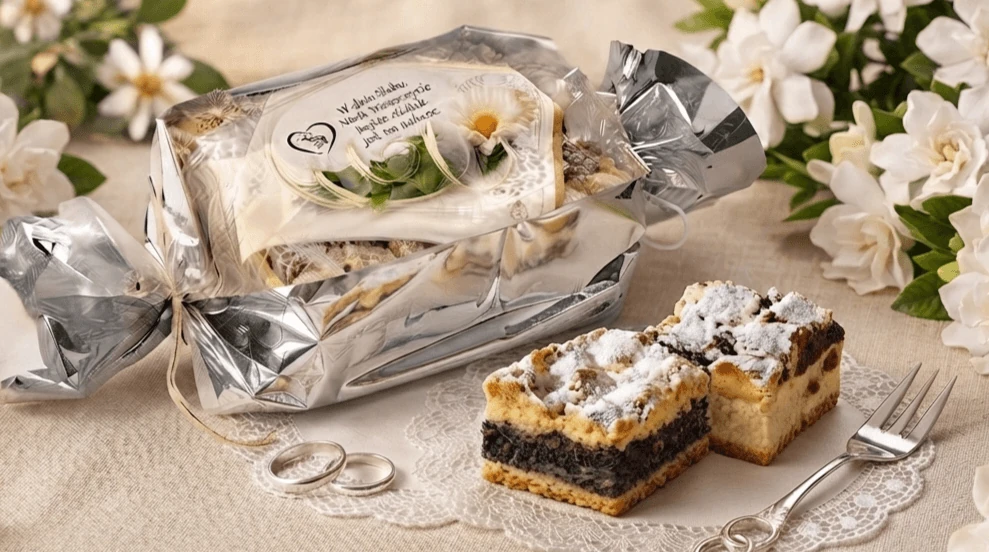 Elegancko zapakowane paczki kołocza weselnego, udekorowane białymi kwiatami